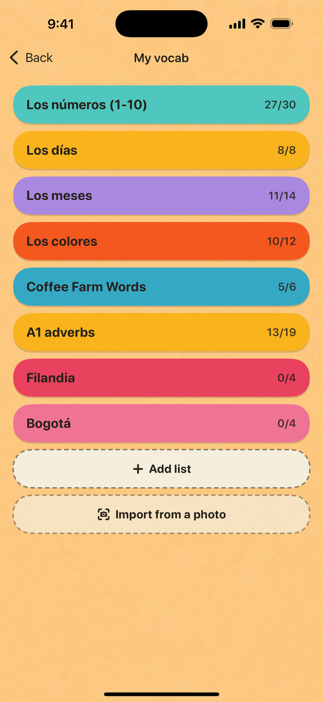 Word lists in My vocab